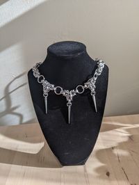 Handmade bzyantine chainmail necklace with spike charms made with aluminum jump rings Width- 1/2 inch