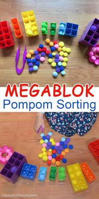 This activity works on fine motor skills.  Tweezers are used to pick up the colored pom poms and place them into the correct colored block.