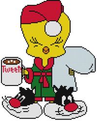 This is Tweety in his Pajamas ready to go to bed with his name mug and Hot Chocolate with marshmallows!   Make Tweety in whatever colors you like as shown in the examples in the pictures. Be sure to let me know which one you want when you purchase or I will send random.  So cute!

This pattern comes printed on 1 page which is 13 squares printed per inch of paper.
This pattern is 100 X 125 Stitches (Squares)  and uses only 9 colors!