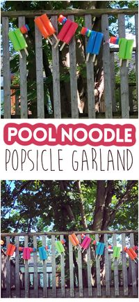 Dollar Tree Pool Noodle Popsicle Garland- dollar tree craft to make for summer time. Cute cheap birthday summer party decorations to make. DIY on a budget. Cute string popsicles for decor. Kids love it!