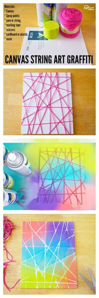 This Canvas String Art Graffiti project is fun for kids and adults alike.  While this is a spray paint project, you can use alternative paints or dyes for younger children.