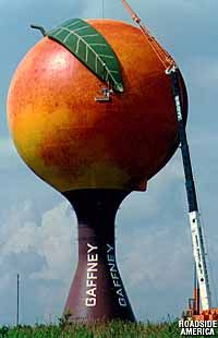 This is the "Peachoid" water tower in Gafney, SC. The image is from Roadside America: http://www.roadsideamerica.com/story/2213