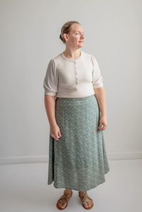 This dainty floral skirt features a flat front waistband for zero bulk, with a back elastic waist for ultimate comfort. Pair with a neutral blouse and low heels for an elegant evening look, or dress it down with a simple tee and denim jacket. This easy-to-wear skirt will become a simple staple.