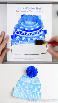 This winter hat art project for kids is such a fun winter craft idea! Use the free printable winter hat template to have a fun day of crafting at home or in the classroom! This process art idea lets you experiment with creating texture in watercolor. And it shows the magic of painting over crayon with watercolour paint!