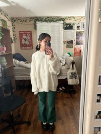 green flared corduroy pants & oversized rory gilmore sweater mary janes winter outfit