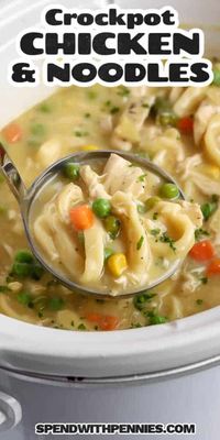 Crockpot chicken and noodles is so creamy, the whole family will love it. Make this soup when the wind is knocking at the door, or when something creamy and comforting is needed for dinner. It is so easy and simple to make this delicious soup. #crockpotchickenandnoodles #chickenandnoodlesinthecrockpot #chickennoodlesoup #spendwithpennies