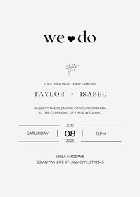 Chic "We Do" Wedding Invitation - Editable Canva Template - Instant Digital Download Declare your upcoming wedding with stylish flair using our Chic "We Do" Wedding Invitation! This editable Canva template perfectly melds classic elegance with a modern minimalist design, ensuring your guests are eagerly marking their calendars. 🌸 Features: * Striking 'We Do' motif with a heart for a contemporary romantic feel. * Delicate floral accent for a subtle hint of traditional bridal imagery. * Clean and crisp typography, making your special date stand out. * Classic color palette for seamless integration into any wedding theme. * Canva template for easy editing and customization. * Versatile design suitable for diverse wedding venues and styles. 🌸 What You Get: * 1 editable Canva link for a fully