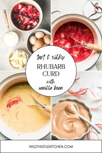 This silky, luscious, tart Rhubarb Curd might just be my favorite way to use rhubarb. It is simple to prepare, uses whole eggs (so no leftover whites!), and is just the prettiest pale peachy color. Serve it on scones, pancakes, or toast - or just eat it straight up because it is that good! #rhubarbcurd #rhubarbrecipes #lemonrhubarbcurd