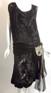 Black burnout velvet dress lined in black silk with velvet swagged hip sash, 1920s