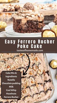 This Easy Ferrero Rocher Poke Cake is for chocolate lovers! 😍 Made with a box mix, Nutella filling, chocolate pudding, and a fluffy topping with hazelnut crunch, this decadent dessert has rich flavors in a quick and easy recipe you'll want to try again and again! 🍫🎂