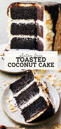 Rich & moist, gluten free chocolate cake coated in coconut buttercream, toasted coconut, and chocolate ganache - the ultimate free-from celebration cake!