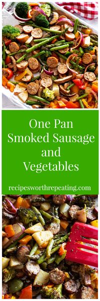 One pan recipes are fast, simple and so convenient! This One Pan Smoked Sausage and Vegetables recipe is made with fresh vegetables and sausage in a sheet pan with a lemon herb marinade. 10 minute prep time! #onepan #sausage #mealprep #freezermeal #healthy #easydinner | recipesworthrepeating.com