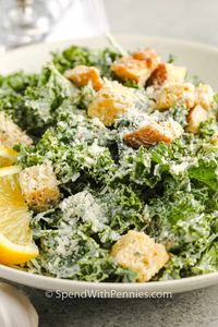 Homemade Kale Caesar Salad is a sweet green dream! Savory creamy Caesar dressing will have everyone asking for the recipe. #spendwithpennies #kalecaesarsalad #sidedish #recipe #panera #sweetgreen #powerfood #best #healthy #creamy