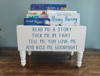 "Perfect gift for a baby shower! Put a few of you favorite children's books in it and give the gift of education!  This piece is unique and is like a little piece of furniture. Great as a table top/dresser top book box. Personalize this children's book box! The words and Clipart are UV printed so no peeling will happen! The wood painted white and the wheels are white with metal brackets. Perfect way to store special books in a child's room or playroom! Measurements:  Small box 15\" Long x 6.5\" High x 7\" wide with wheels  15\" Long x 9.5\" High x 7\" wide with wood legs Large box- 24\" Long x 8.5\" High x 8.75\" wide with wheels. 24\" Long x 11.5\" High x 8.75\" wide with wood legs Books, stuffed animals not included. Each piece of wood is different and absorbs the stain and paint differe