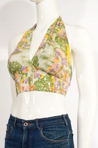 Charming 1970s vintage halter top with fun take on Seurat's Sunday in the Park. The little dog has been playfully morphed into a monkey. Nylon tricot. Tie neck and back. By Wrangler. Old store stock. Never worn. Size Large. 36-40.