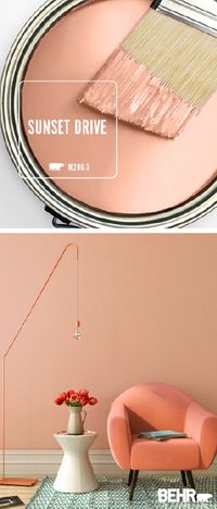 We’re getting serious millennial pink vibes when it comes to the light blush hue of Sunset Drive by BEHR Paint. A chic addition to this mid-century modern living room, this romantic wall color can also work as an accent color for your favorite piece of furniture. Click to learn more about this color.