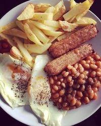 One of my fav meals as a kid.. 2 x Linda McCartney sausages (1syn) Beans, 2 fried egg 🍳- in frylight with slimming world chips 🍟. All for 1 syn 😋