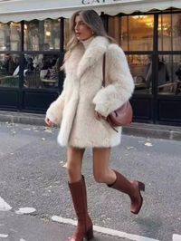 Faux Fur Long Jackets Women Chic V Neck Long Sleeve Pockets Coats 2024 Autumn Winter New Casual