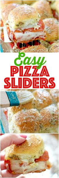 Pizza Pull-Apart Sliders recipe from The Country Cook. Cheesy, meaty filling and the most amazing herb butter topping. You can't eat just one!