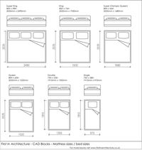 Free CAD Blocks – Bed and mattress sizes in both mm and inches