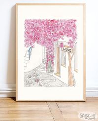 Greek wall art, travel print - ships to range of countries worldwide. Sweet cats enjoying an accordion serenade with masses of pink flowers. Looks like love. 'Cats Love Accordion Serenade in Greece' gallery quality artwork range of sizes Fine art giclée print reproduced from the original ink and watercolour illustration by Shell Sherree.