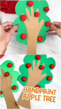 This handprint apple tree craft is a simple and fun kids craft that's perfect for fall! Kids will work on scissors skills, hand eye coordination and counting when theyy make this handprint craft. Make it with toddlers, preschool and kindergarten children this autumn!