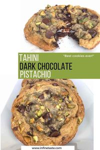 Our Dark Chocolate Pistahio Tahini Cookies have classic Mediterranean flavors made into a classic American dessert.  Made with brown butter that pairs beautifully with toasted pistachios, smooth tahini, and dark chocolate.   #TahiniCookies #TahiniChocolatechipCookies #TahiniRecipes #TahiniCookieDough #TahiniRecipeDessert #CookieRecipe #BrownButter