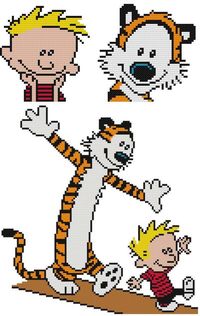 This is a lot of 2 Calvin & Hobbes patterns.  One is them on a log balancing and the other is of their faces.
The balance pattern comes printed on 1 page which is 15 squares printed per inch of paper.
This pattern is 120 X 125 Stitches (Squares)
This pattern uses only 8 colors.
Their faces come on 1 page which is 13 squares printed per inch of paper.
This pattern is 100 x 52 Stitches (Squares)
This pattern uses only 8 colors.