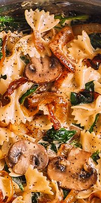 Creamy Bow Tie Pasta with Mushrooms, Spinach, Caramelized Onions