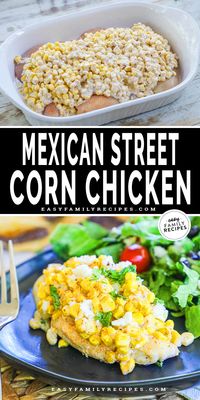 This Mexican Street Corn Chicken Bake recipe is super fast to make and such a delicious family dinner! With the flavors of Elote Corn smothered on top of tender chicken breast and then baked to tender perfection, this recipe is perfect for a busy weeknight. This chicken recipe with a few ingredients still packs in the flavor with sweet corn baked in a combination of mayonnaise, sour cream, spices and cheese for a kid friendly dinner the whole family will love!