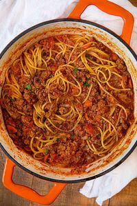 Homemade Bolognese Pasta in Orange Dutch Oven