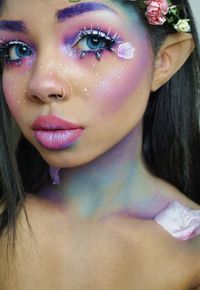 eyebrow, purple, teal, turquoise, pink, blue, fairy, floral, flower, flowers, contour, lipstick, makeup, halloween, eye shadow, eyelashes, holographic, iridescent, unicorn, mermaid