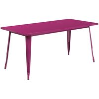 This rectangular, indoor-outdoor metal cafe-style table will add a pop of color and a touch of industrial chic to your business or your dining room at home. Measuring 31.5 inches wide by 63 inches long, this table will comfortably accommodate six chairs and features a smooth top with a 1 inch edge. A stabilizing brace underneath the top gives this table increased stability while still allowing ample leg room. A powder coat finish ensures easy maintenance and floor glides protect your floor by sl