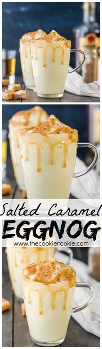 HOMEMADE SALTED CARAMEL EGGNOG! I never knew making eggnog was SO EASY! Made on the stove in under 15 minutes. Make it a cocktail or mocktail with ease! Our favorite Thanksgiving and Christmas drink recipe!