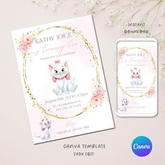 a pink and white cat baby shower with flowers