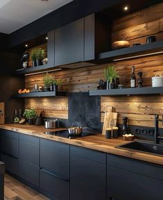 a kitchen with wooden walls and black cabinets, potted plants on the counter top