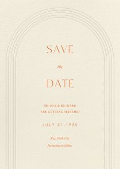 an orange and white save the date card with arches on it, as well as text