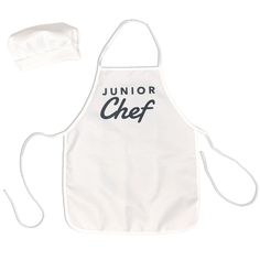 the junior chef apron is white with black lettering