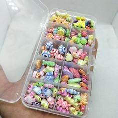 a hand holding a plastic container filled with lots of different colored beads in it's compartments