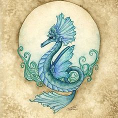 a drawing of a blue seahorse sitting on top of a white circle with swirls