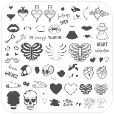 an assortment of tattoos and heart shapes on a white background with the words, i love you