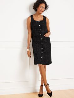 Our always-flattering shift dress. Made with an elegant tweed finish with sparkling metallic threads. Features easy button front closures. Sleeveless design looks fabulous under your favorite coat or jacket. Features Shift Dress Jewel Neck Sleeveless Hidden back zip closure Hits Above Knee Imported Fit: Misses: 37 1/2"; Petite: 36"; Plus: 41" Material: Shell : 83% Polyester, 11% Wool, 1% Metallic, 5% Other Fibers; Lining : 100% Polyester Care: Cover Button With Foil; Dry Clean | Metallic Texture Elegant Sleeveless Tweed Dress With Buttons, Elegant Knee-length Tweed Dress With Button Closure, Knee-length Tweed Dress With Button Closure, Chic Knee-length Tweed Dress With Button Closure, Metallic Texture, Tweed Dress, Jewel Neck, Metallic Thread, Above Knee