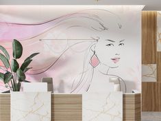 the front desk of a hair salon is decorated with pink and white marbled walls