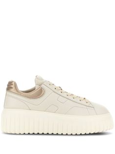 sand beige leather panelled design metallic effect embroidered logo to the side decorative stitching logo-print tongue contrasting heel counter round toe front lace-up fastening branded insole rubber sole Stitching Logo, Sneakers Multicolor, Striped Shoes, Striped Sneakers, Hogan Sneakers, Decorative Stitching, Gold Heels, Sand Beige, Crossbody Tote