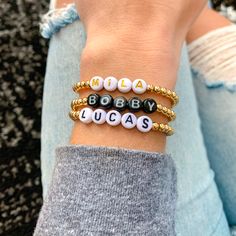 Customize your bracelet stack with Stone + Nash! Heart On Your Sleeve, Fun Bracelet, Letter Beads, Name Bracelet, Personalized Bracelets, Gold Letters, Custom Bracelets, Heart On, At School