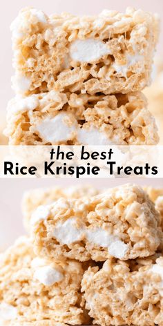 rice krispie treats on a white plate with text overlay that reads, this is our favorite dessert perfect rice krispie treats