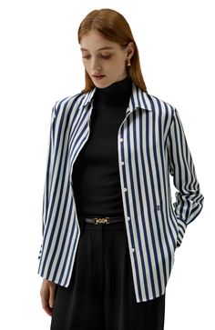 The contrast of classic bold stripes brings out the beauty of a vivid and standout look, showing a more premium fashion taste. The regular fit piece is perfect for "everyday" looks, great with pants and skirts for any work or casual occasions. 16 Momme printed silk twill Classic bold strip Regular Fit Chic White Horizontal Stripe Top, Chic White Top With Horizontal Stripes, Chic White Tops With Horizontal Stripes, Chic White Shirt With Vertical Stripes, Chic Striped Relaxed Fit Shirt, Chic Relaxed Fit Shirt With Striped Collar, Chic Shirt With Striped Collar And Relaxed Fit, Spring Tops With Signature Stripes, Chic Vertical Stripes Office Shirt