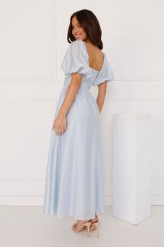 Length from shoulder to hem of size S: 131cm. Chest: 35cm, Waist: 31cm, across front only of size S. Midi dress. Lined. Model is a standard XS and is wearing size XS. True to size. Non-stretch. V-neck. Elastic puff sleeves. Textured fabrication. Flowy skirt. Split to skirt. Elastic back. Zipper. Cold hand wash only. Tencel/Nylon/Rayon. The dreamiest dress is here, lovely! For lovers of effortless style, be seen in the Gentle Breeze Midi Dress. Featuring a V-neck, elastic puff sleeves and a flowy skirt. Dress it up with heels or keep it simple with sandals. Off Shoulder Wedding Dress Guest, Winfo Dresses Long, Pastel Blue Formal Dress, Blue Bridesmaid Dresses Sleeves, Blue Bridesmaid Dresses Modest, Blue Bridesmaid Dresses Winter, Wedding Guest Dress With Sleeves, Light Blue Sundress, Modest Formal Dress