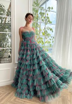 Whimsical Formal Dresses, Pink And Green Dress, Teuta Matoshi, Elevator Design, Anarkali Lehenga, Whimsical Dress, Draped Bodice, Exquisite Gowns, Women's Outfits By Occasions