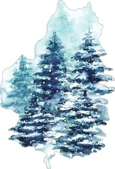 a watercolor painting of trees in the snow